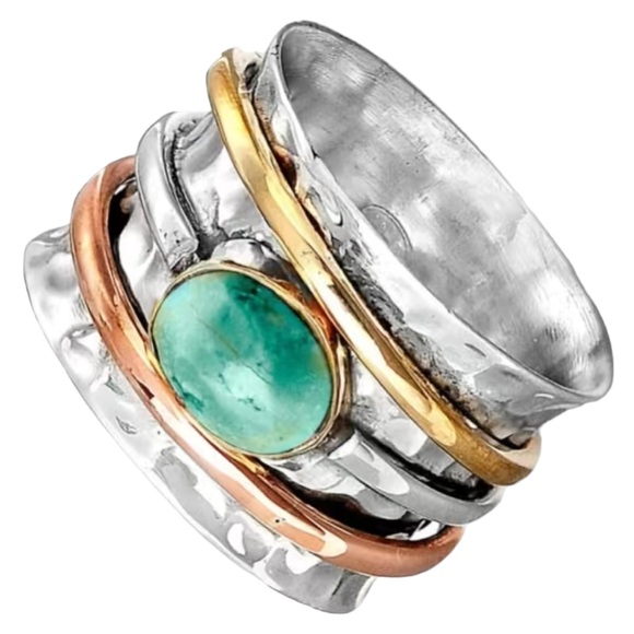 Boho Three Tone Banded Turquoise Ring - Picture 4 of 7